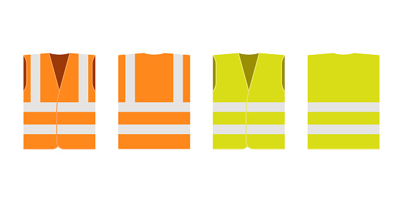 Safety road vest, jacket, waistcoat with reflective stripes set. Road vest for safe work. Front and back side. Set of orange and yellow work uniform with reflective stripes. Vector flat illustration