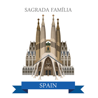 Sagrada Familia Gaudi Basilica Temple Holy Family in Barcelona Spain. Flat cartoon style historic sight web illustration world countries vacation travel tourist sightseeing collection