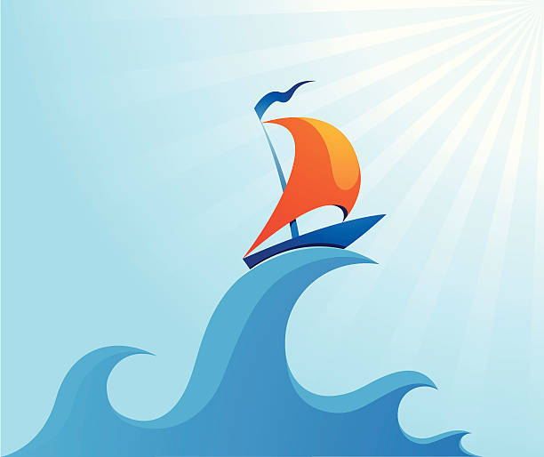 Sail boat on high ocean wave illustration vector art illustration