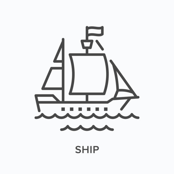 帆船フラットラインアイコン。ヨット、海賊船、海上輸送のベクトルアウトラインイラスト。スクーナー薄線ピクトグラム - 帆船点のイラスト素材／クリップアート素材／マンガ素材／アイコン素材