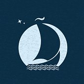 Sailboat at sea on waves in the background of the moon in the night sky. Sailing ship poster