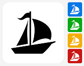 Sailboat Icon. This 100% royalty free vector illustration features the main icon pictured in black inside a white square. The alternative color options in blue, green, yellow and red are on the right of the icon and are arranged in a vertical column.