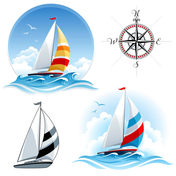 bildbanksillustrationer, clip art samt tecknat material och ikoner med sailing boats with compass - segelbåt