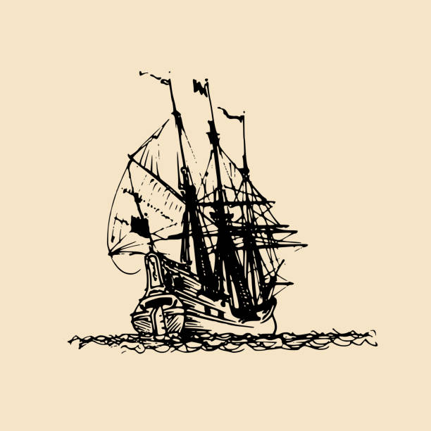 Sailing ship illustration in engraved style. Hand sketch of old fluyt. Marine theme design Sailing ship illustration in engraved style. Hand sketch of old fluyt. Marine theme design. galleon stock illustrations