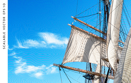 Sails on tall ship with sky - engraving illustration effect
