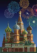 Saint Basil's cathedral with fireworks. Eps 10 file CS3 and CS5 in zip.