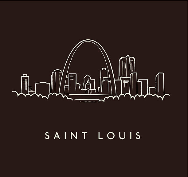 Saint Louis Skyline Sketch A hand drawn sketch of the Saint Louis skyline on a burgundy background with text below arch architectural feature illustrations stock illustrations