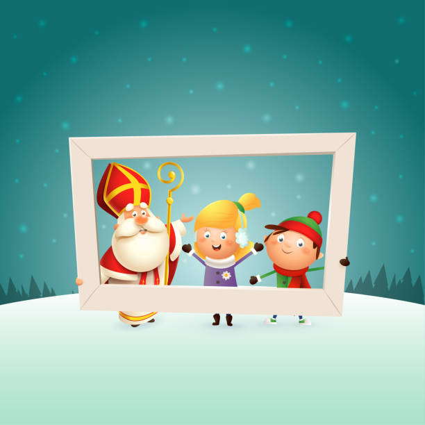 Saint Nicholas and children girl and boy with photo frame - winter scene background Saint Nicholas and children girl and boy with photo frame - winter scene background selfie borders stock illustrations