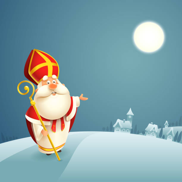 stockillustraties, clipart, cartoons en iconen met saint nicholas theme-winter nacht landschap achtergrond - sinterklaas cadeaus