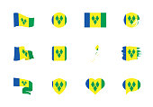 Saint Vincent and the Grenadines flag - flat collection. Flags of different shaped twelve flat icons. Vector illustration set