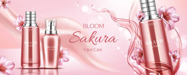 Sakura cosmetics bottles mockup banner, serum, lotion or cream face...