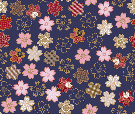 Sakura flower blossom, Japanese traditional textile pattern seamless blue background design.