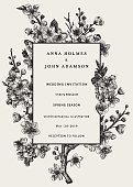 Sakura. Wedding invitation. Cherry blossom branch. Vector botanical illustration. Black and white