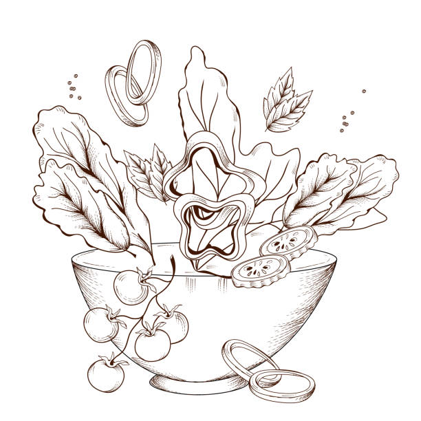 салатная чаша со смесью овощей и листьев салата, гравировка стиле вектор иллюстрации изолированы. - salad stock illustrations