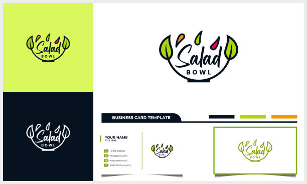 ilustrações de stock, clip art, desenhos animados e ícones de salad design with bowl and leaves or leaf concept and business card template - salad bowl