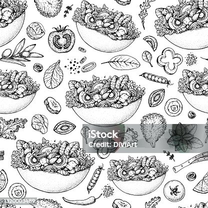 istock Salad seamless pattern. Bowl of salad background. Vegan food. Hand drawn sketch. Packaging design template. 1320003489