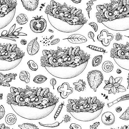 Salad seamless pattern. Bowl of salad background. Vegan food. Hand drawn sketch. Packaging design template