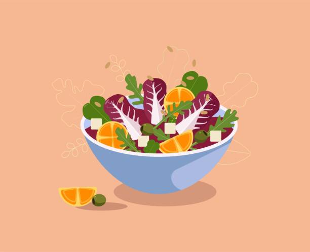 ilustrações de stock, clip art, desenhos animados e ícones de salad with orange and cheese in blue bowl  illustration - salad bowl
