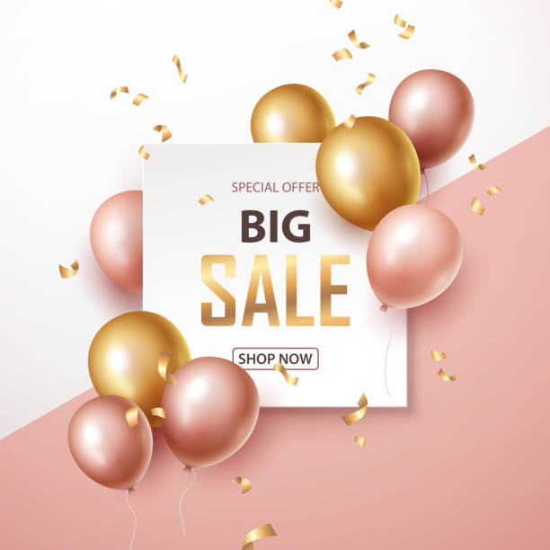 Sale banner with pink and gold floating balloons Vector illustration rose gold background stock illustrations