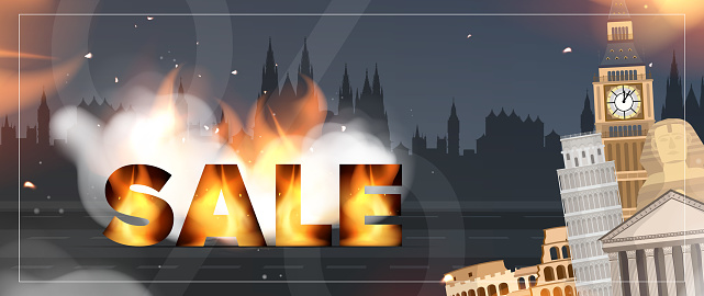 Sale banner with realistic flames and smoke. Landmarks of the world. Ready-made banner for promotions and promotions for tourism. Vector illustration.
