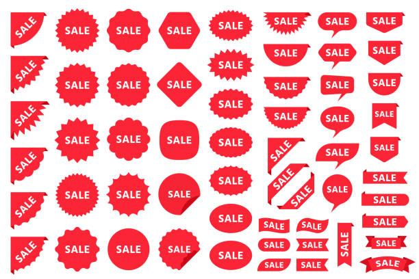 Sale price tag product badges and stickers. Vector illustration. Burst price boxes. Sale, New sticker. Vector.  Discount promo stamps. Circle, corner, cloud badges. Red tag product labels. Set starburst shapes isolated on white background. Flat illustration. promo buttons stock illustrations