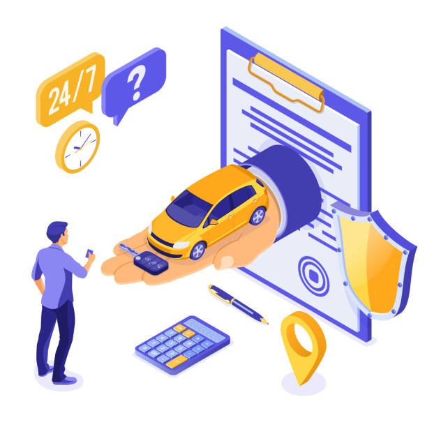 Sale Purchase Rental Sharing Car Isometric Sale, purchase, rent car isometric concept for landing, advertising with car on hand, man with credit card, key, 24h support. Auto rental, carpool, carsharing, insurance. isolated vector illustration used car sale stock illustrations