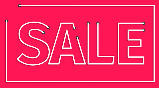 Sale realistic sign advertisment neon style on light red background illustration