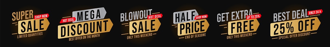 Sale sticker with super mega blowout discount offer. Get extra free and half price clearance special promotion tag. Limited in time and quantity hot deal label. Black and gold vector sticker