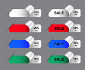 Vector Sale Stickers, Tags And Labels With Corner Cut Effect And Percentage Discount. White, Red, Blue And Green Stickers With Curled Corner