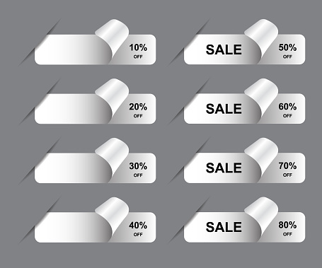 Sale Stickers, Tags And Labels With Corner Cut Effect And Percentage Discount. White Sticker With Curled Corner