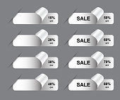 Vector Sale Stickers, Tags And Labels With Corner Cut Effect And Percentage Discount. White Sticker With Curled Corner