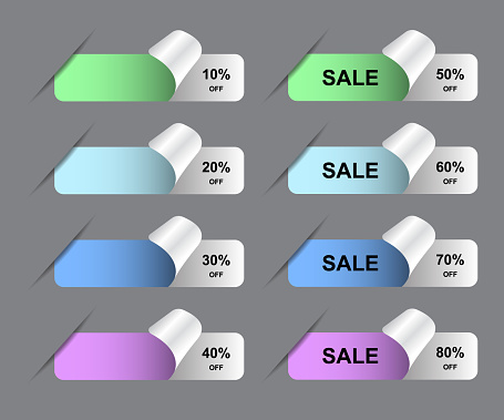 Sale Stickers, Tags And Labels With Corner Cut Effect And Percentage Discount. Pastel Colors Stickers With Curled Corner
