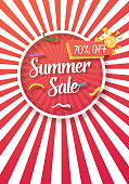 Illustration of Sale Vector Poster Paper Lettering. Bright Sale Flyer Template with Sunburst Lines on Background