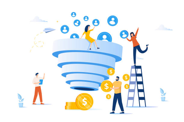 Sales funnel and lead generation. Marketing strategy. Sales pipeline management, representation of sales prospects Sales funnel and lead generation. Marketing strategy. Sales pipeline management, representation of sales prospects, customer prospects lifecycle concept. Vector isolated concept creative illustration lead stock illustrations