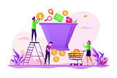Lead generation, targeted marketing campaign strategy. Sales funnel management, customer journey representation, sales funnel stages concept. Vector isolated concept creative illustration
