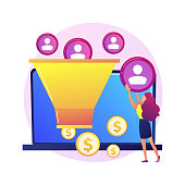 Sales funnel. Lead generation, customer management, marketing strategy. Commerce conversion flat design element. Selling plan. Clients filter. Vector isolated concept metaphor illustration