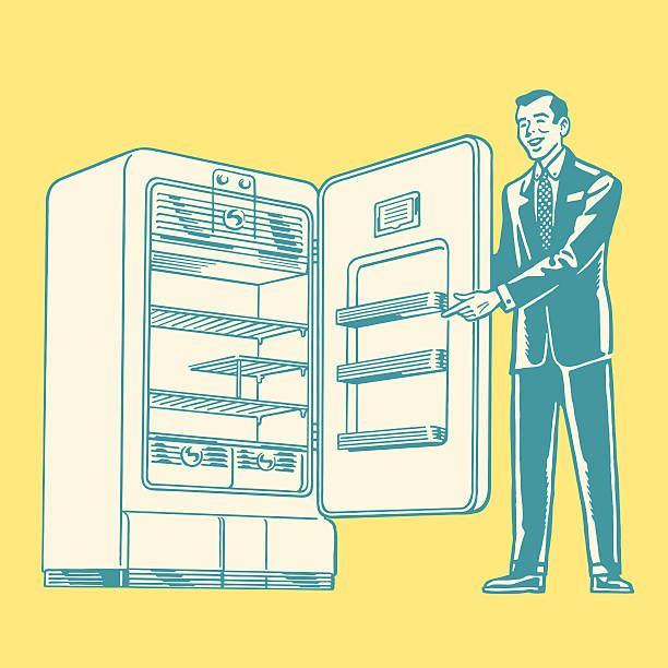 セールスマン冷蔵庫を示す - 冷蔵庫　中点のイラスト素材／クリップアート素材／マンガ素材／アイコン素材