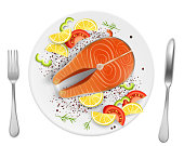 Salmon red fish steak with lemon, pepper, tomato slices and spicy herb on plate, vector realistic top view illustration. Fried or grilled seafood composition for menu, recipe, web banner.