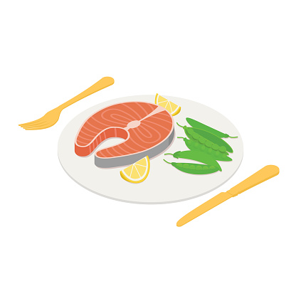 Salmon with peas, dinner, lunch - Isometric vector illustration in flat design.