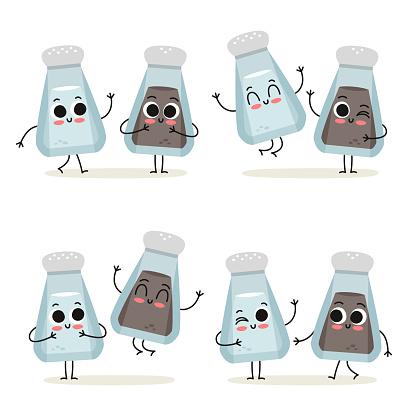 Salt and pepper shakers. Cute spice vector character set isolated on white