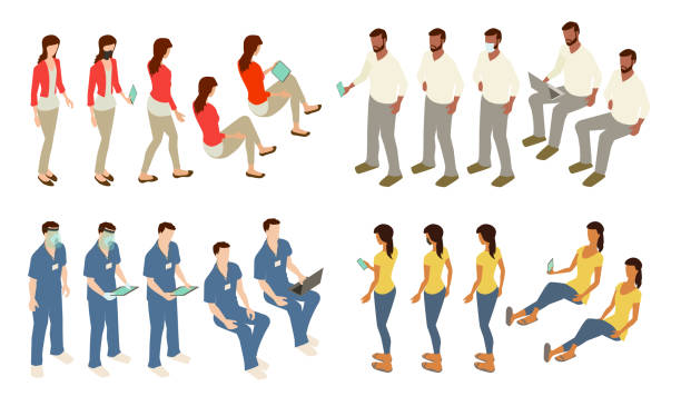 Same people in different positions icon set 20 icons of isometric people include four characters, each in five different poses or angles, for storytelling in diagrams, charts, and other visual channels — especially those in which the same person would be shown more than once. Instances of the same characters are seen standing and sitting, with PPE/face masks, and with technology devices including mobile phones, tablets, and laptop computers. Characters include women and men of different ethnicities, including a healthcare worker or technician in scrubs, a man with a beard, a woman in business casual clothing, and a casual woman with flip flops and a t-shirt. indian women walking stock illustrations