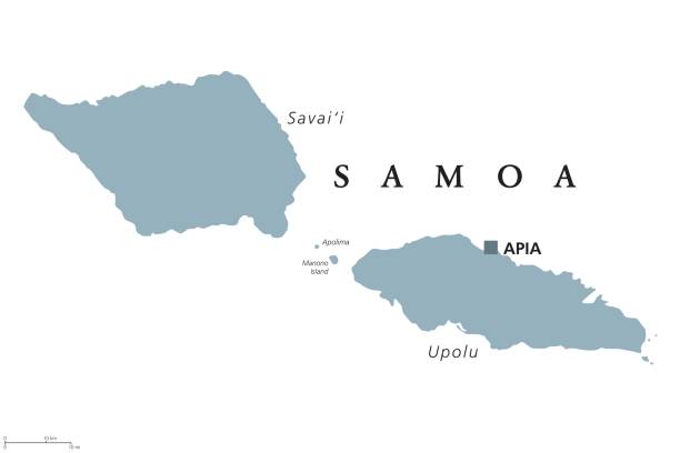 Samoa political map Samoa political map with capital Apia and English labeling. Independent state and island country in the Polynesian region of the Pacific Ocean. Gray illustration on white background. Vector. apia samoa stock illustrations