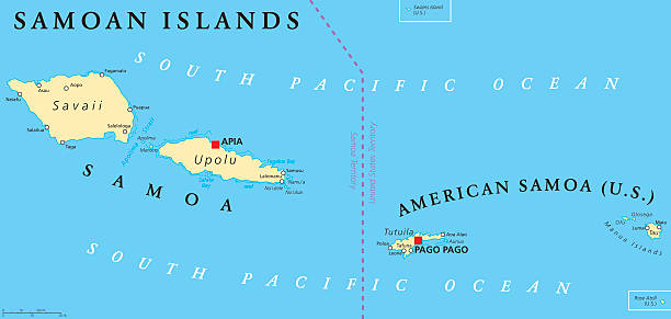 Samoan Islands Political Map Samoan Islands political map with Samoa, formerly known as Western Samoa and American Samoa and their capitals Apia and Pago Pago. English labeling and scaling. Illustration. apia samoa stock illustrations