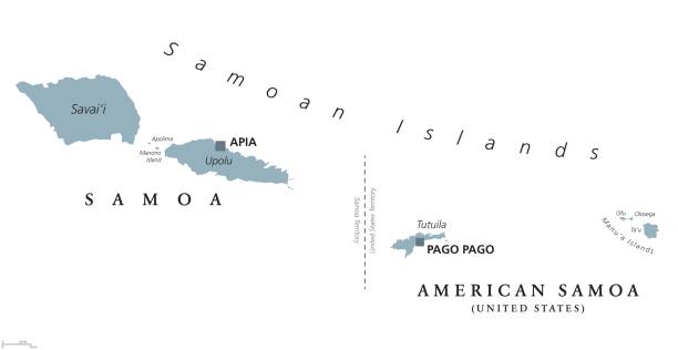 Samoan Islands political map Samoan Islands political map with English labeling. Samoa and American Samoa. Archipelago in the central Pacific Ocean, part of Polynesia and Oceania. Gray illustration on white background. Vector. apia samoa stock illustrations