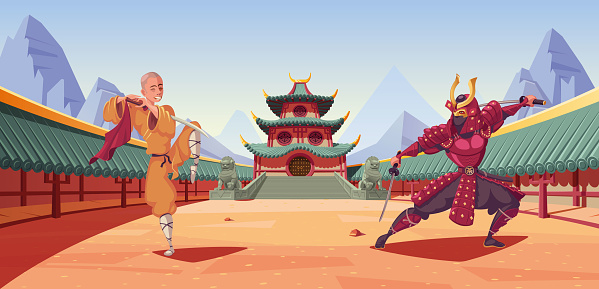 Samurai and Shaolin combat in  ancient temple vector illustration