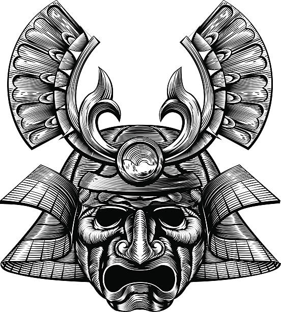 Samurai Mask Woodblock Style An original illustration of a samurai mask and helmet in a vintage woodblock style african warrior symbols drawing stock illustrations