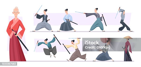 istock Samurai warriors. Aggressive asian samurai fighters with sword exact vector characters in action poses 1333367682