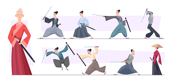 Samurai warriors. Aggressive asian samurai fighters with sword exact vector characters in action poses