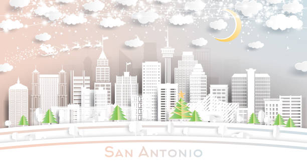 San Antonio Texas City Skyline in Paper Cut Style with Snowflakes, Moon and Neon Garland. San Antonio Texas City Skyline in Paper Cut Style with Snowflakes, Moon and Neon Garland. Vector Illustration. Christmas and New Year Concept. Santa Claus on Sleigh. San Antonio Cityscape. san antonio stock illustrations