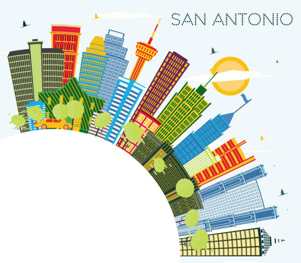ilustraciones, imágenes clip art, dibujos animados e iconos de stock de san antonio texas city skyline con edificios de color, cielo azul y copiar espacio. - san antonio